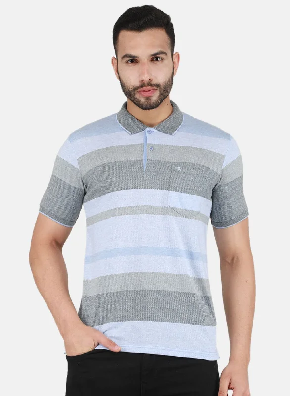 Men's short-sleeve urban warm tailored checkered top-Men Sky Blue Printed T-Shirt