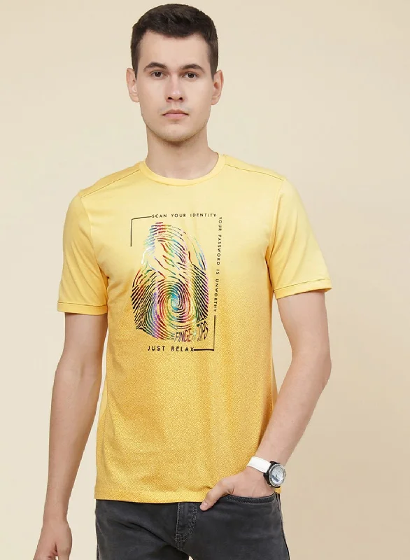 Men's short-sleeve bright coral shirt-Men Yellow Printed T-Shirt