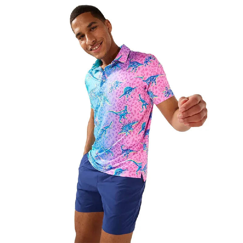 Men's short-sleeve classic muted fresh vacation tee-Chubbies The Dino Delight Performance Polo Shirt - Turquoise/Aqua