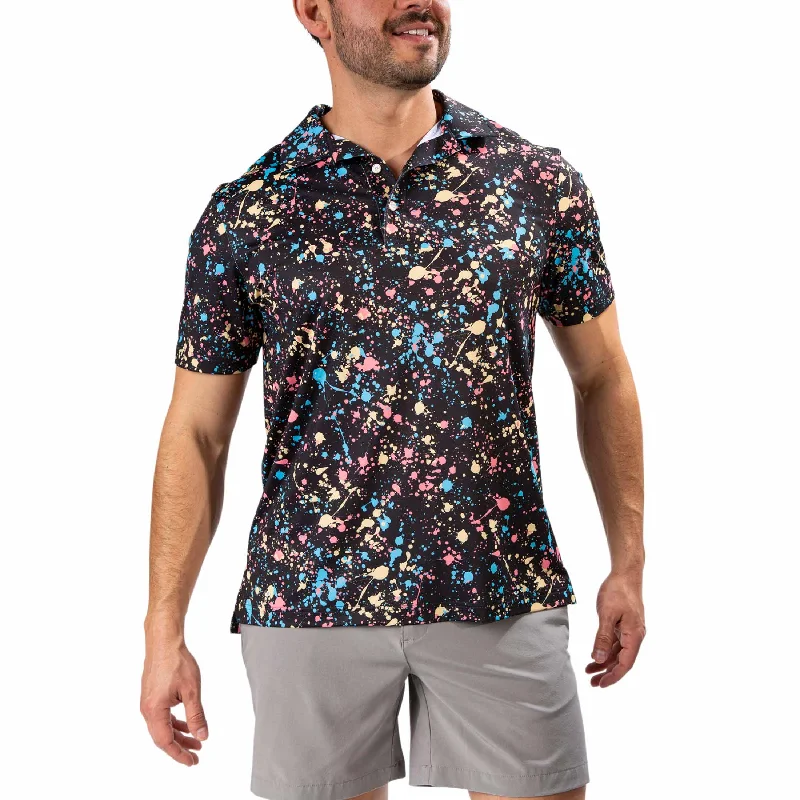 Men's short-sleeve bold rich sporty mesh tee-Chubbies The Paint Drips Performance Polo Shirt - Black - Pattern Base (Plaids)