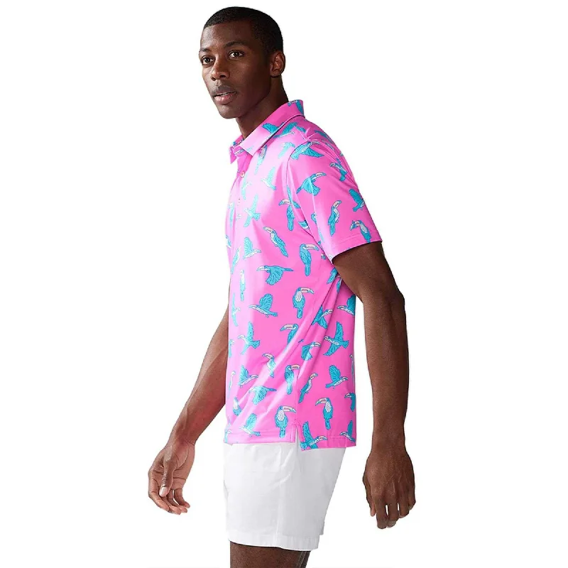 Men's short-sleeve tropical retro plush Henley shirt-Chubbies The Toucan Do It Performance Polo Shirt - Bright Pink