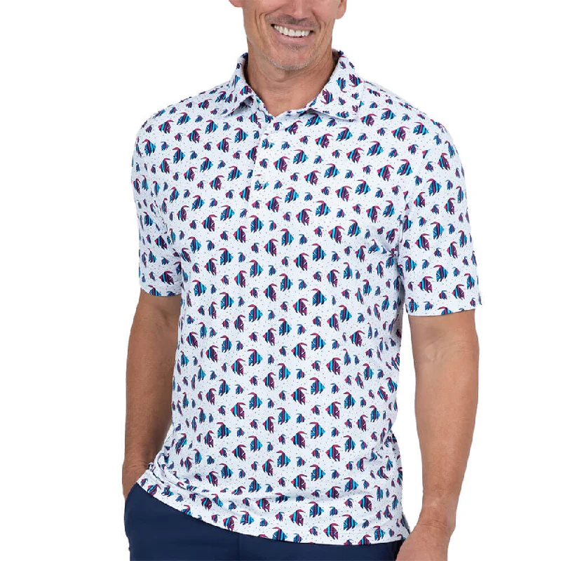 Men's short-sleeve soft muted sage shirt-IBKUL Mens Angel Fish Polo Shirt - Watermelon/Turquoise/White/Ink