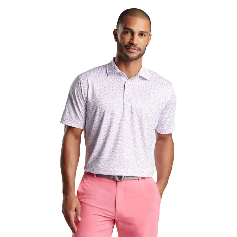 Men's short-sleeve subtle classic olive top-Peter Millar The Bees Knees Performance Jersey Polo Shirt - White/Hula Pink