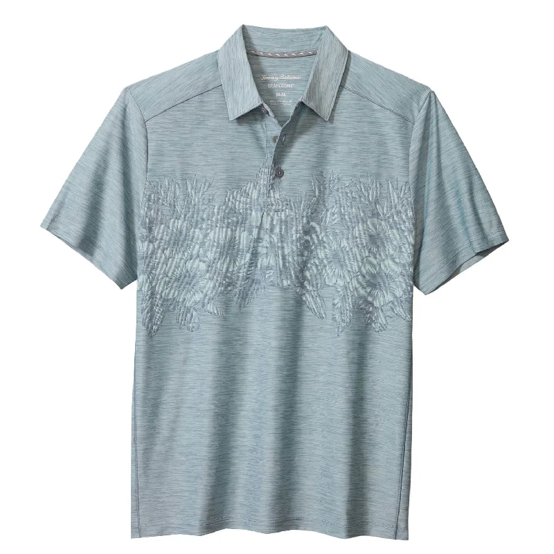 Men's short-sleeve warm breathable wool top-Tommy Bahama IslandZone Palm Coast Hibiscus Border Polo Shirt - Sterling Blue